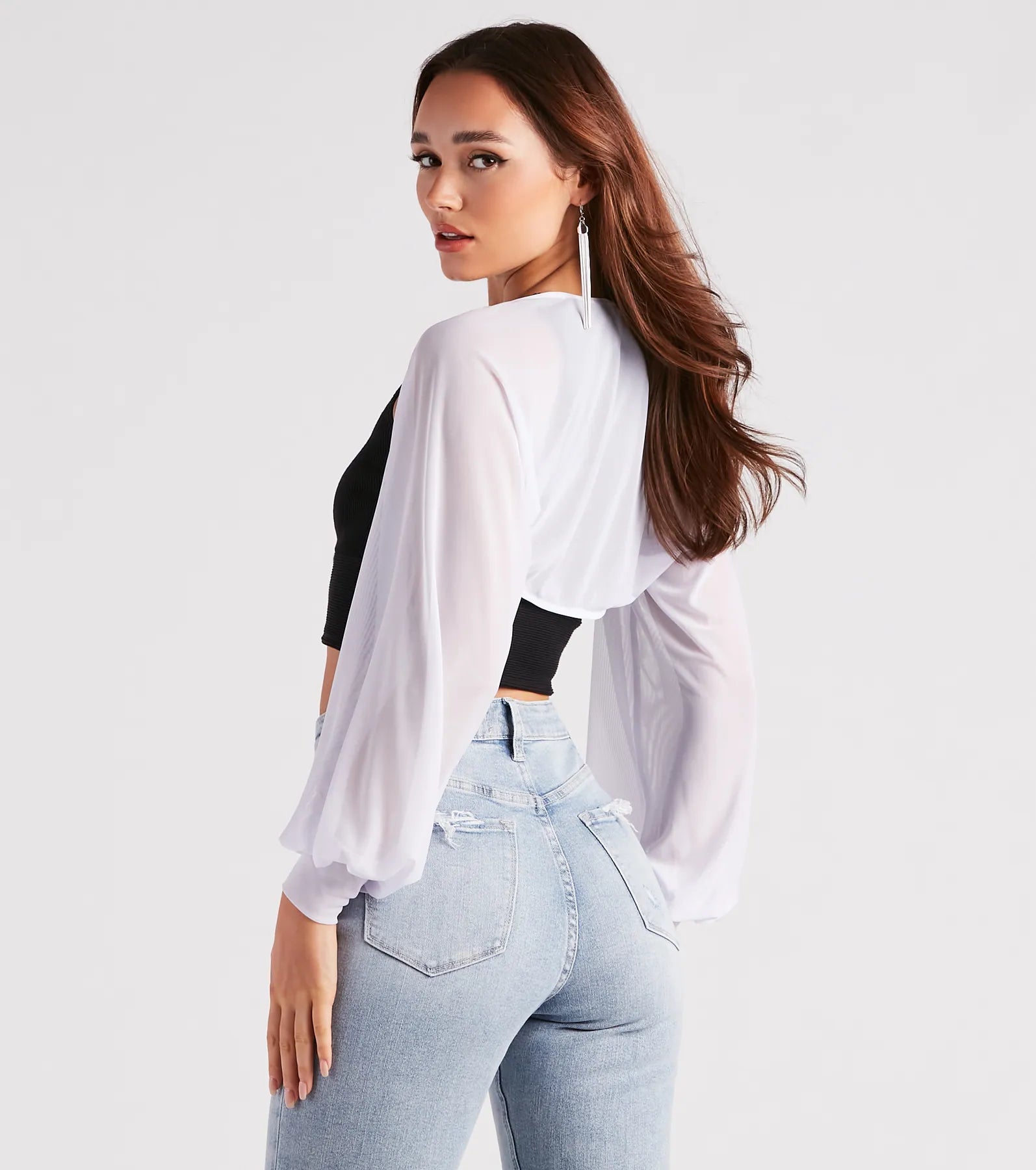 Sheer Mesh Blouson Sleeve Bolero - Image 6