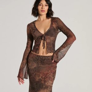 Wildly Sultry Tie-Front Leopard Rose Mesh Crop Top