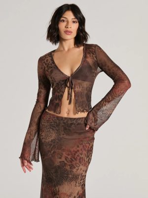 Wildly Sultry Tie-Front Leopard Rose Mesh Crop Top