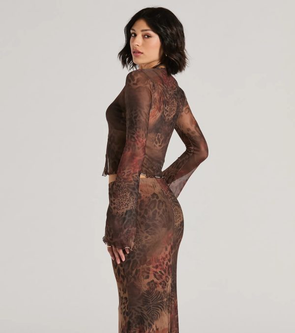 Wildly Sultry Tie-Front Leopard Rose Mesh Crop Top - Image 2