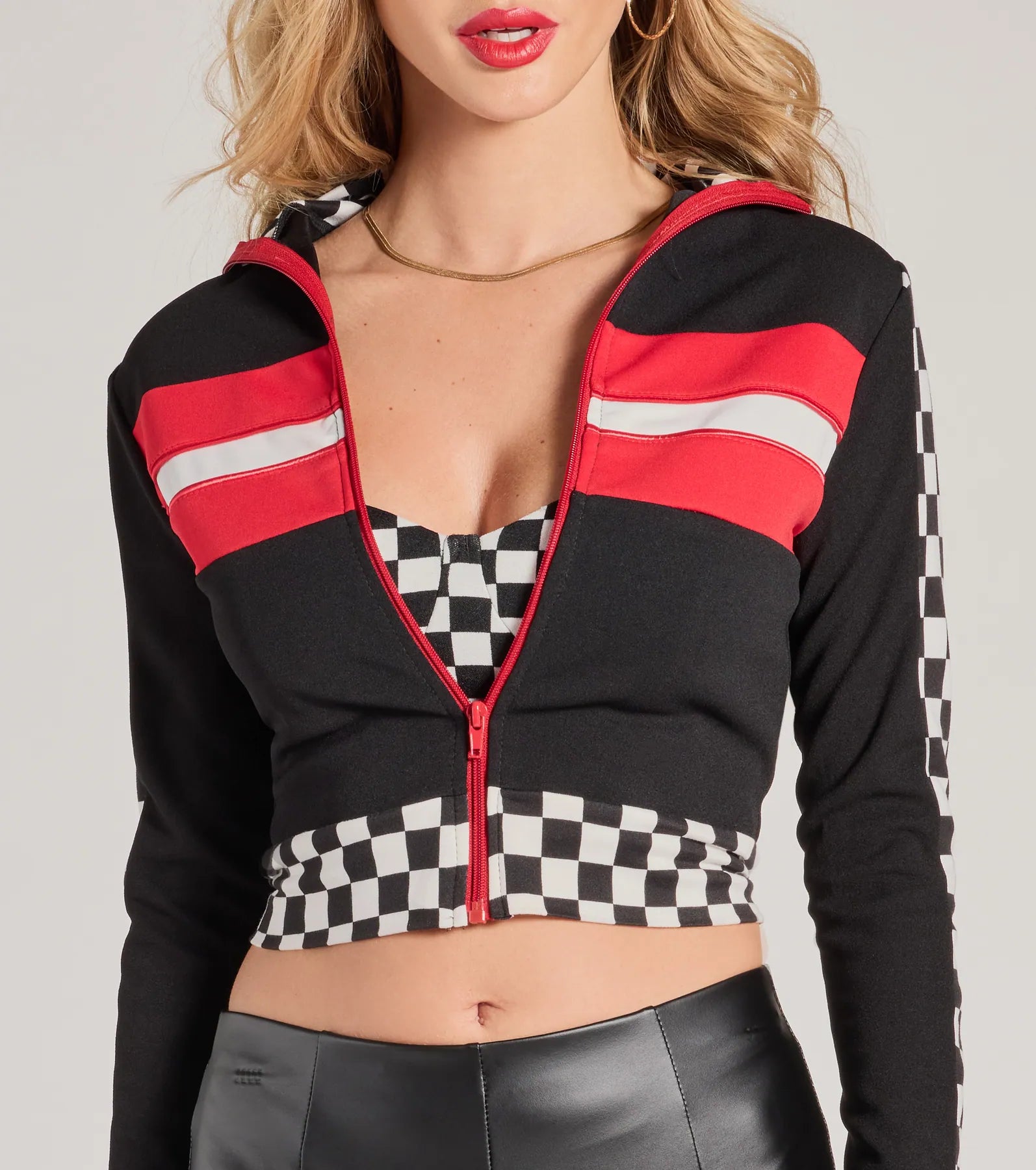 Checkered Champion Long Sleeve Cropped Jacket - Image 4