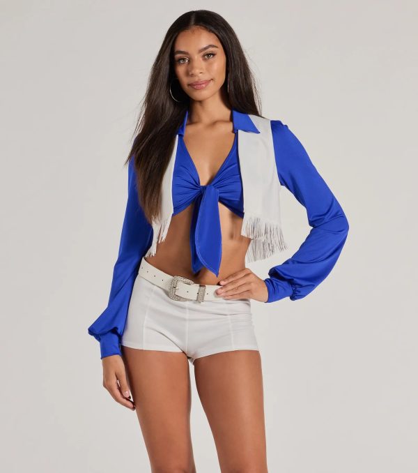 Game Day Spirit Cheerleader Collared Tie-Front Crop Top