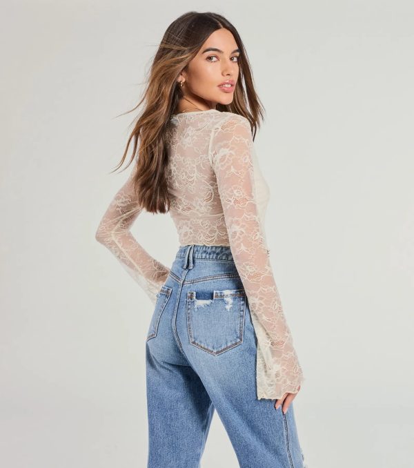 Soft And Sweet Tie-Front Split Lace Crop Top - Image 2