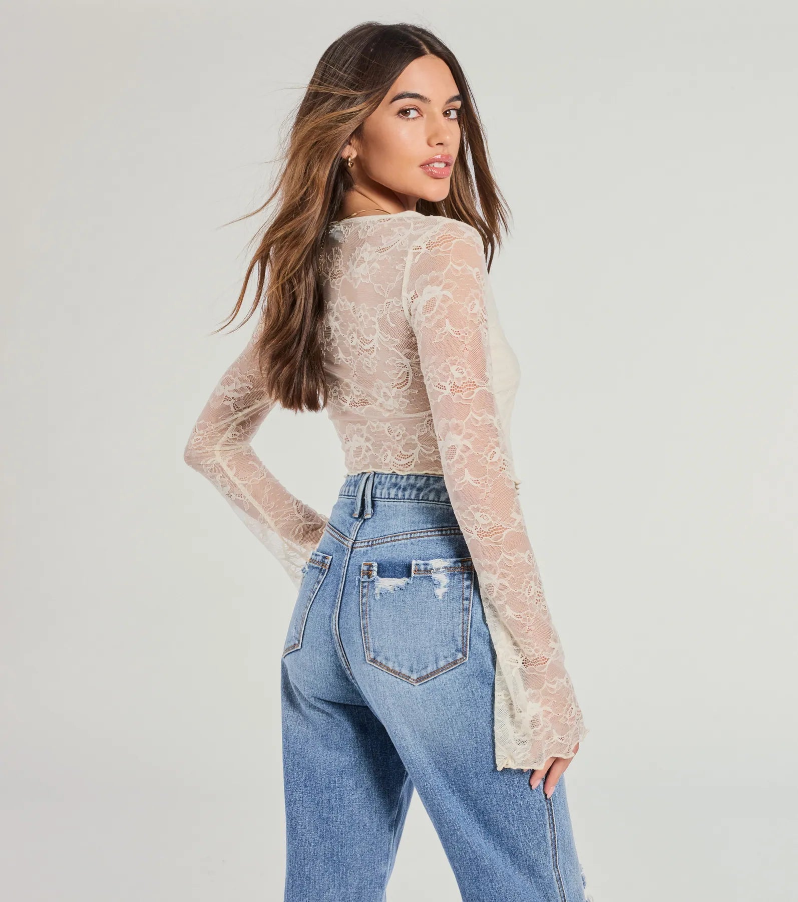 Soft And Sweet Tie-Front Split Lace Crop Top - Image 2