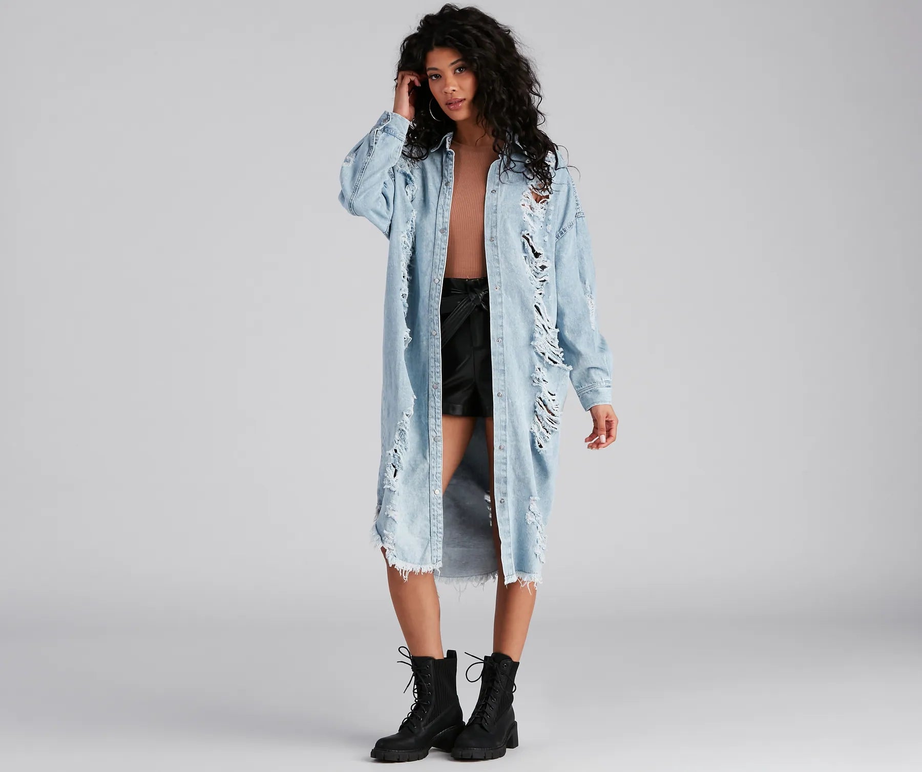 Destroyed Denim Long Line Jacket - Image 3