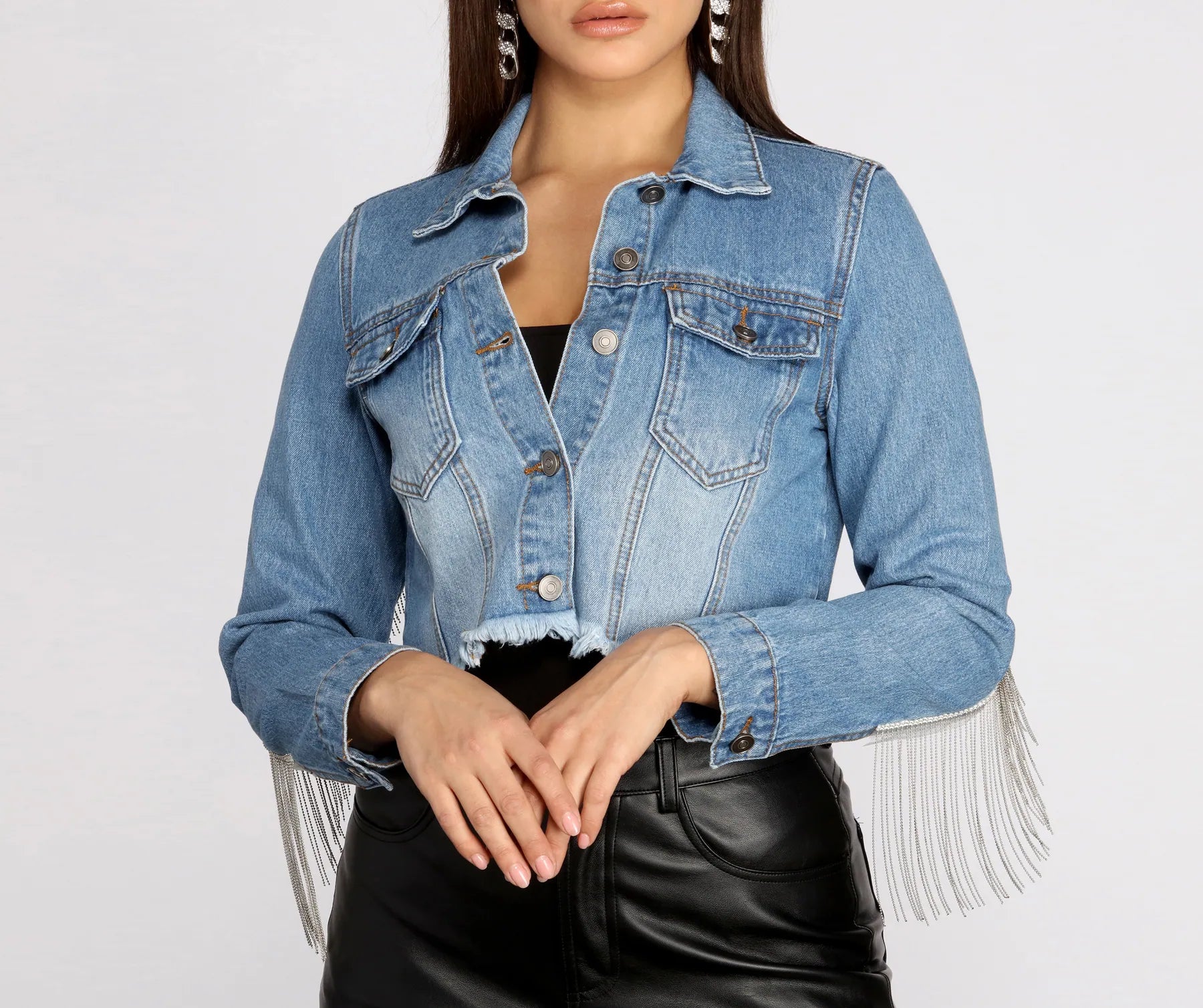 Smokin' Hot Beaded Fringe Crop Denim Jacket - Image 3
