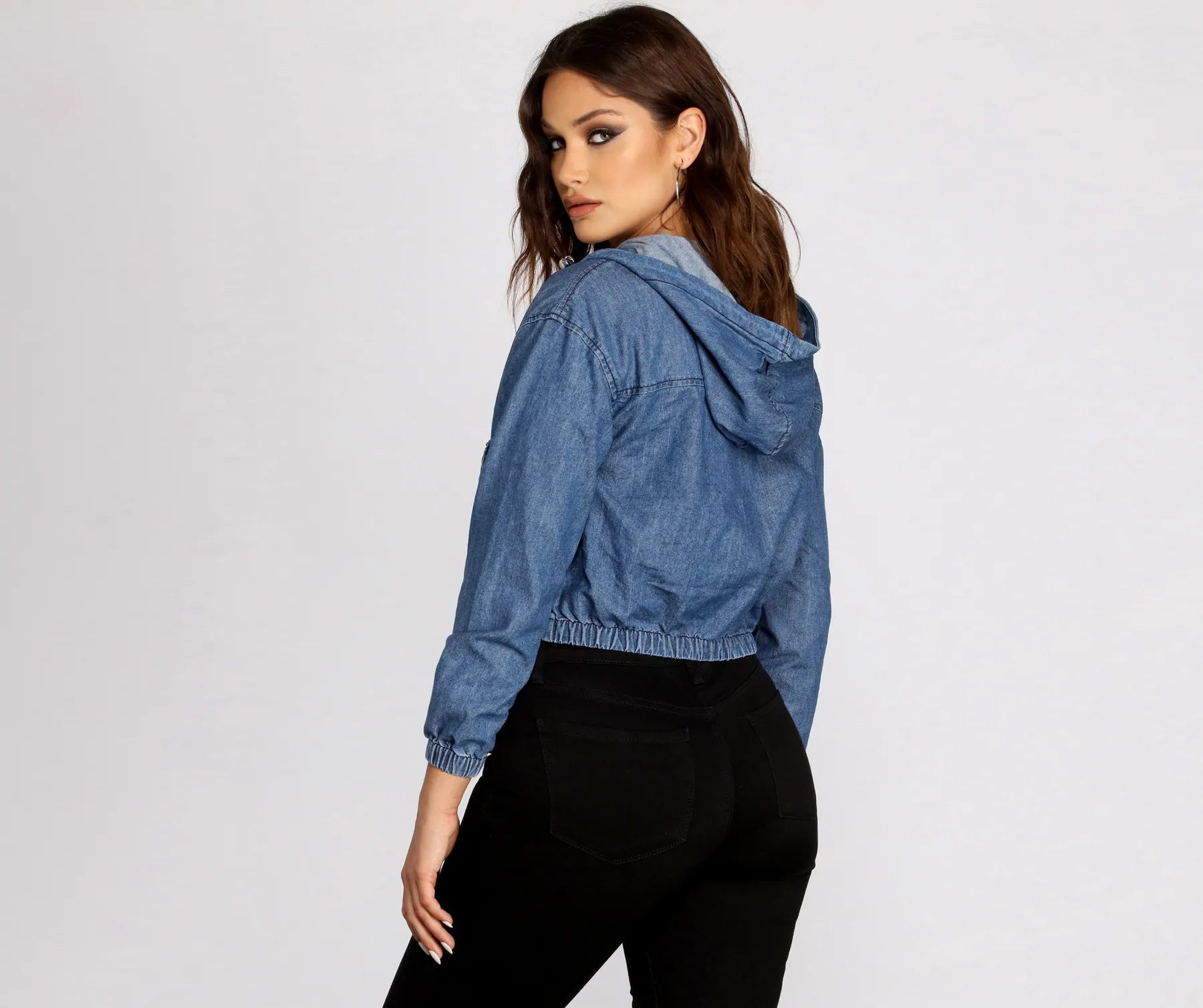 Hooded Denim Bomber Jacket - Image 2