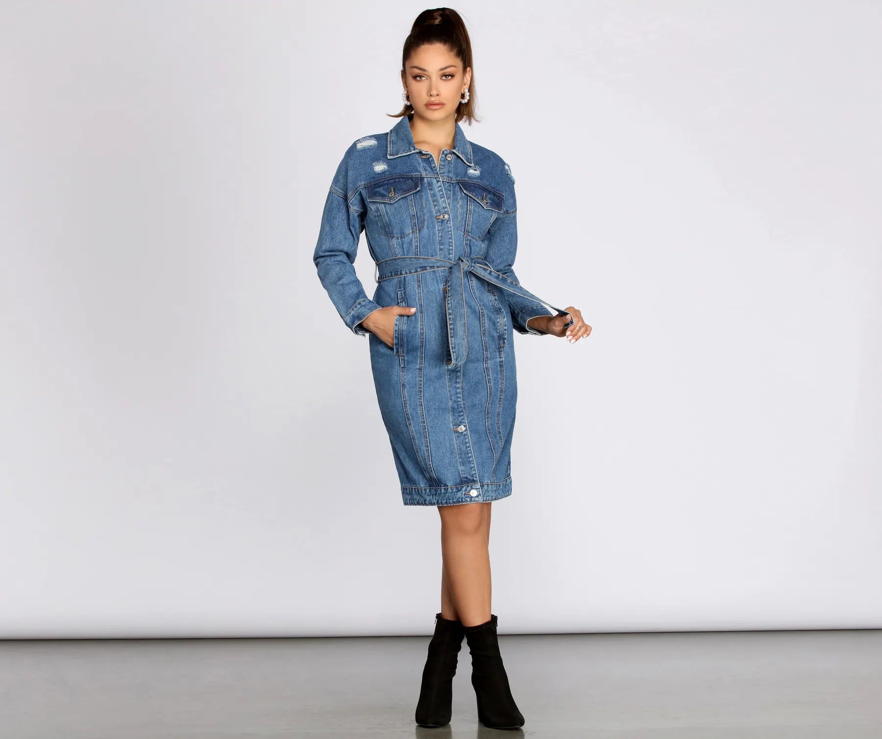 Be That Babe Belted Long Denim Jacket - Image 4