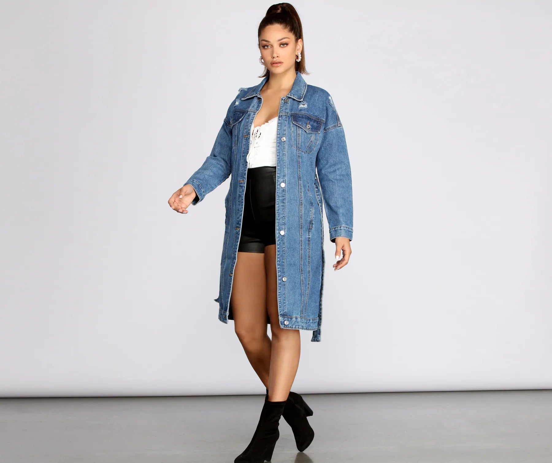 Be That Babe Belted Long Denim Jacket - Image 5