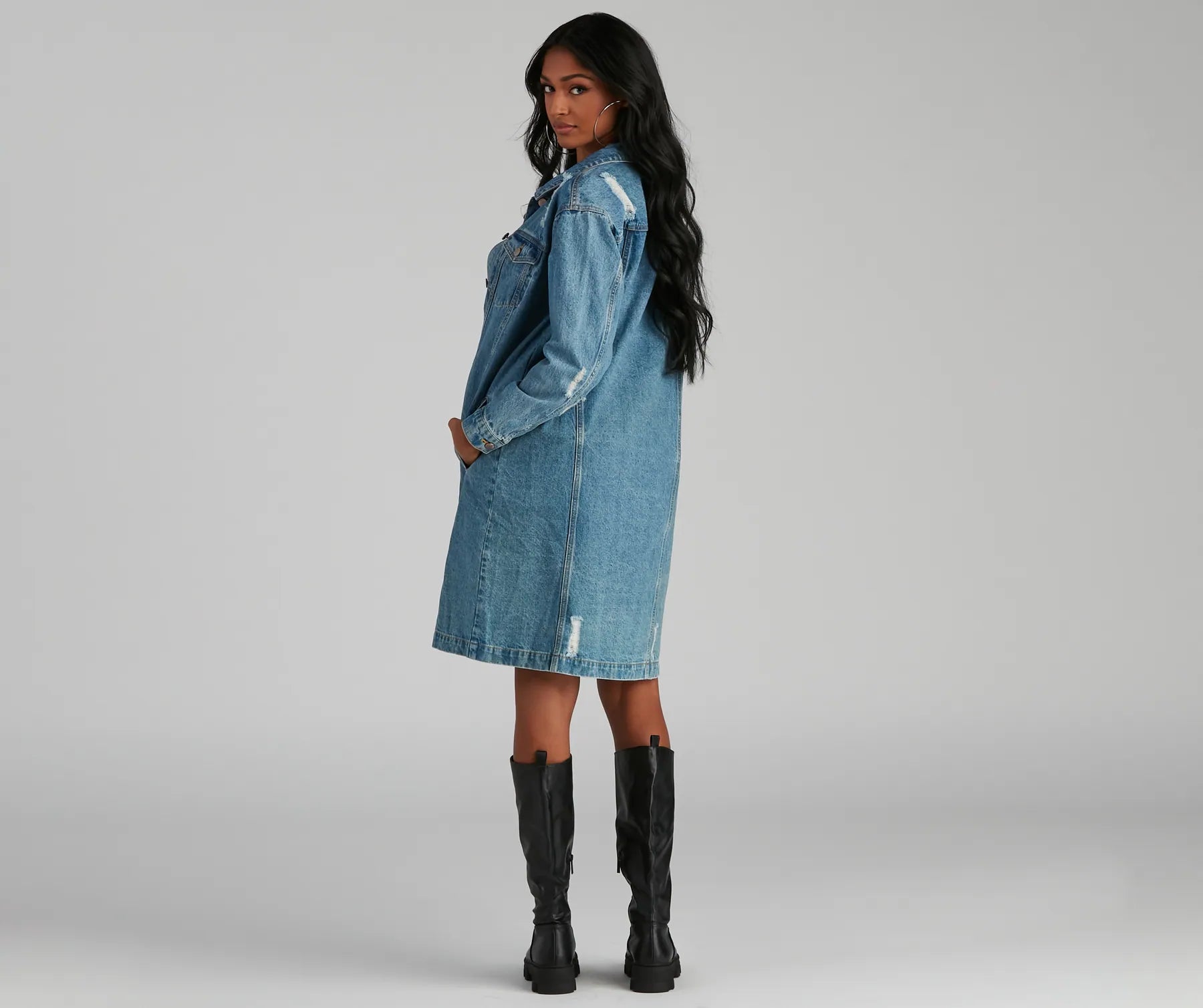 Distressed Denim Long Line Jacket - Image 2