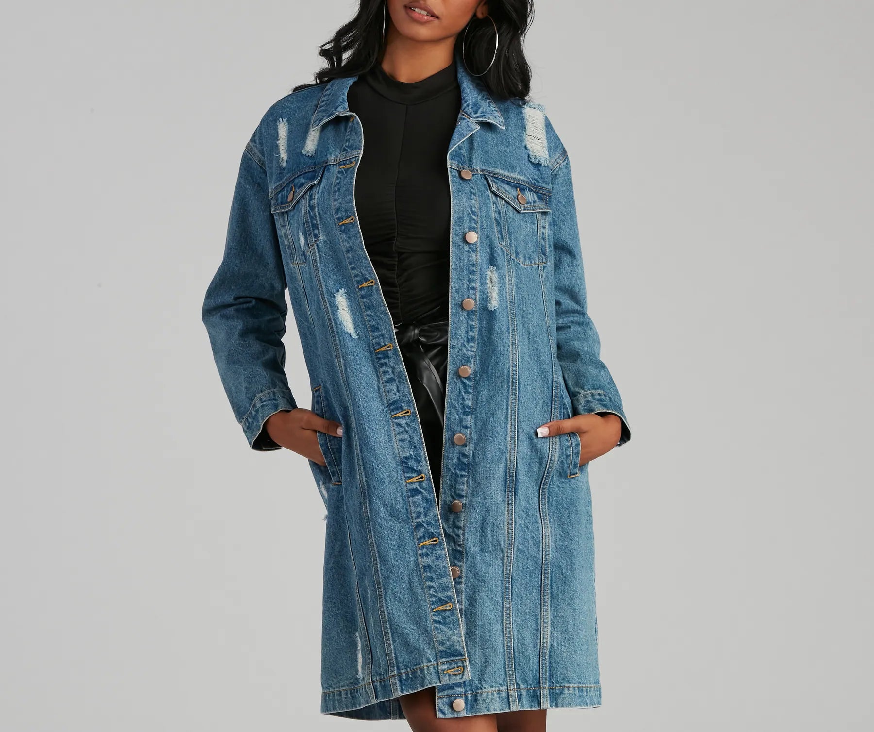 Distressed Denim Long Line Jacket - Image 3