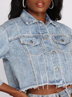 Drippin' In Rhinestones Crop Denim Jacket