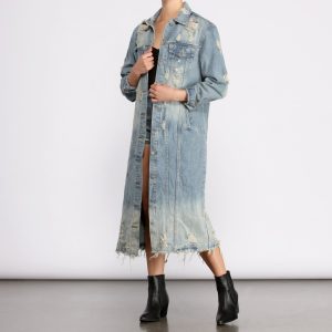 Stylishly Destructed Long Line Denim Jacket