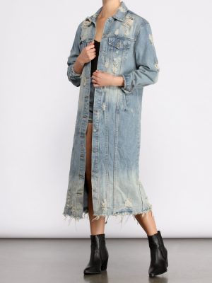 Stylishly Destructed Long Line Denim Jacket