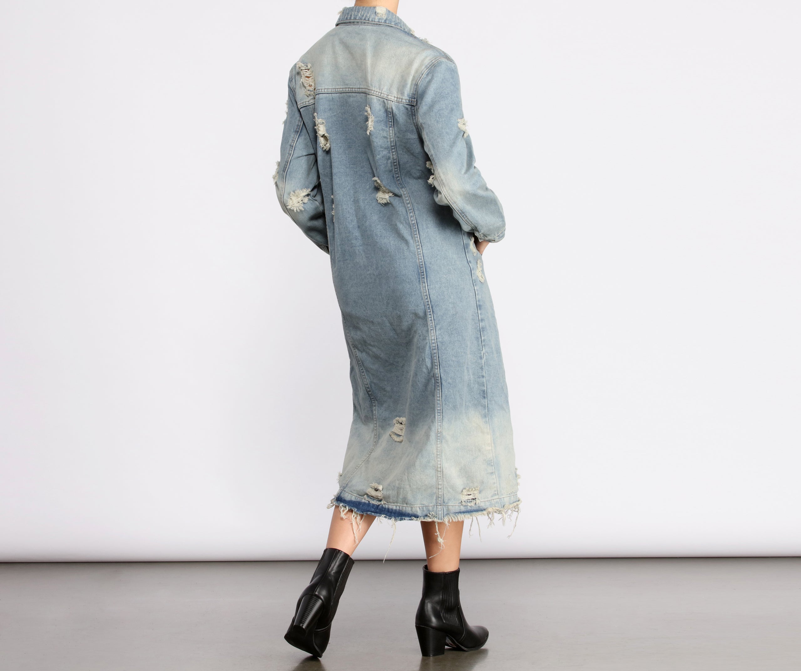 Stylishly Destructed Long Line Denim Jacket - Image 2