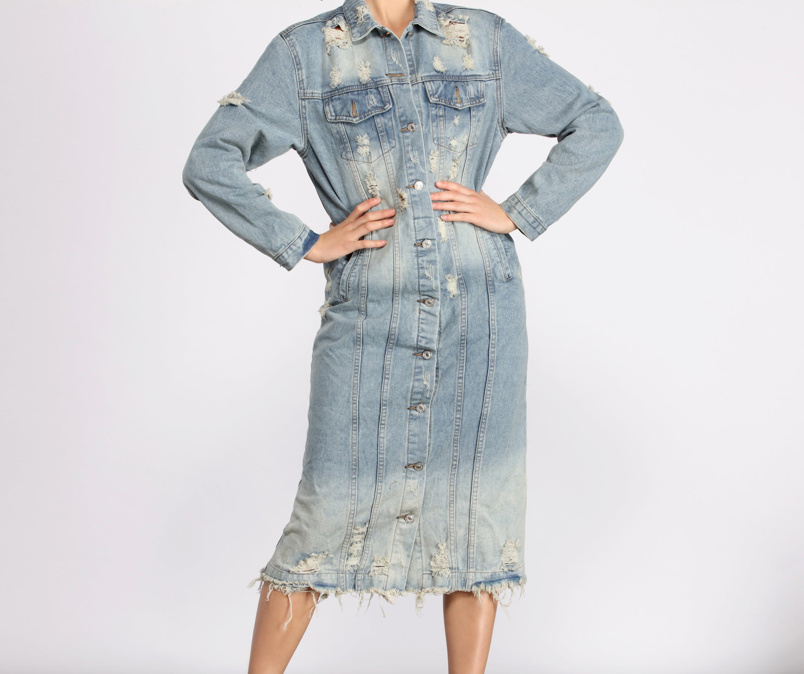 Stylishly Destructed Long Line Denim Jacket - Image 3