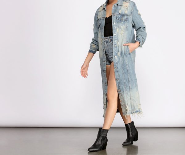 Stylishly Destructed Long Line Denim Jacket - Image 4