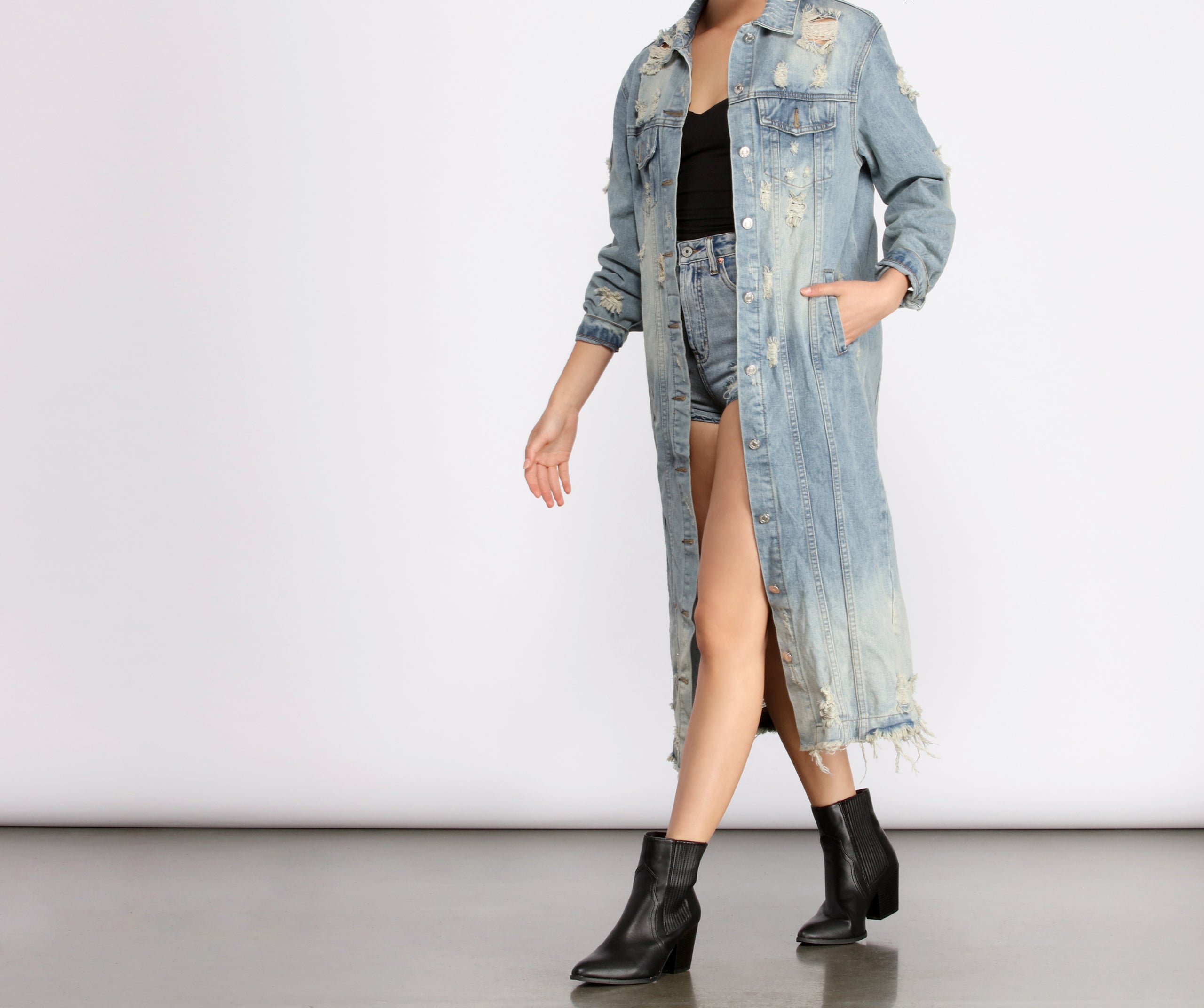 Stylishly Destructed Long Line Denim Jacket - Image 4