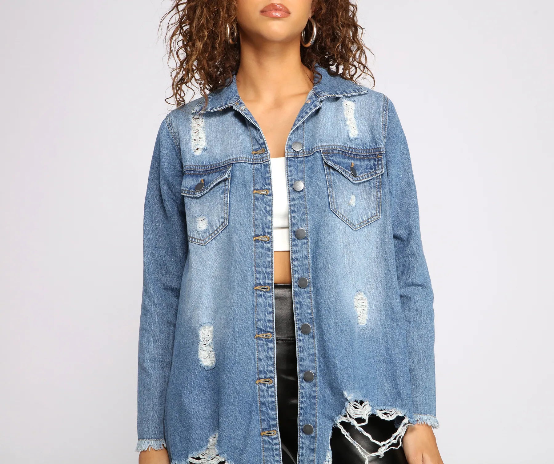Casual Vibes Destructed Denim Shacket - Image 3