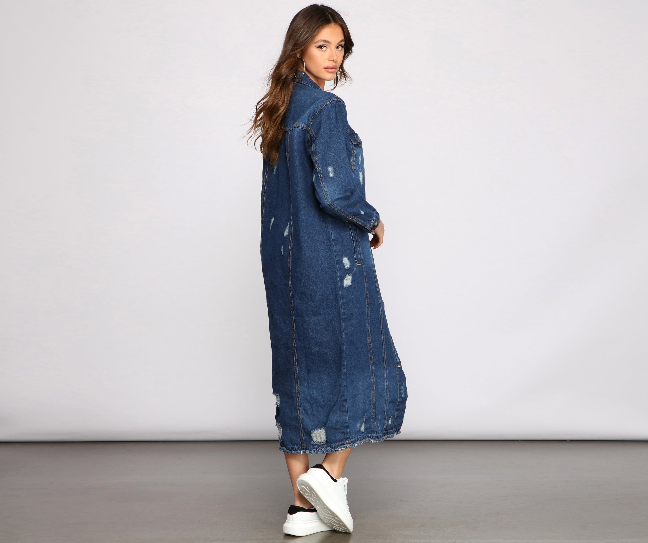 Level Up Destructed Long Line Denim Jacket - Image 2