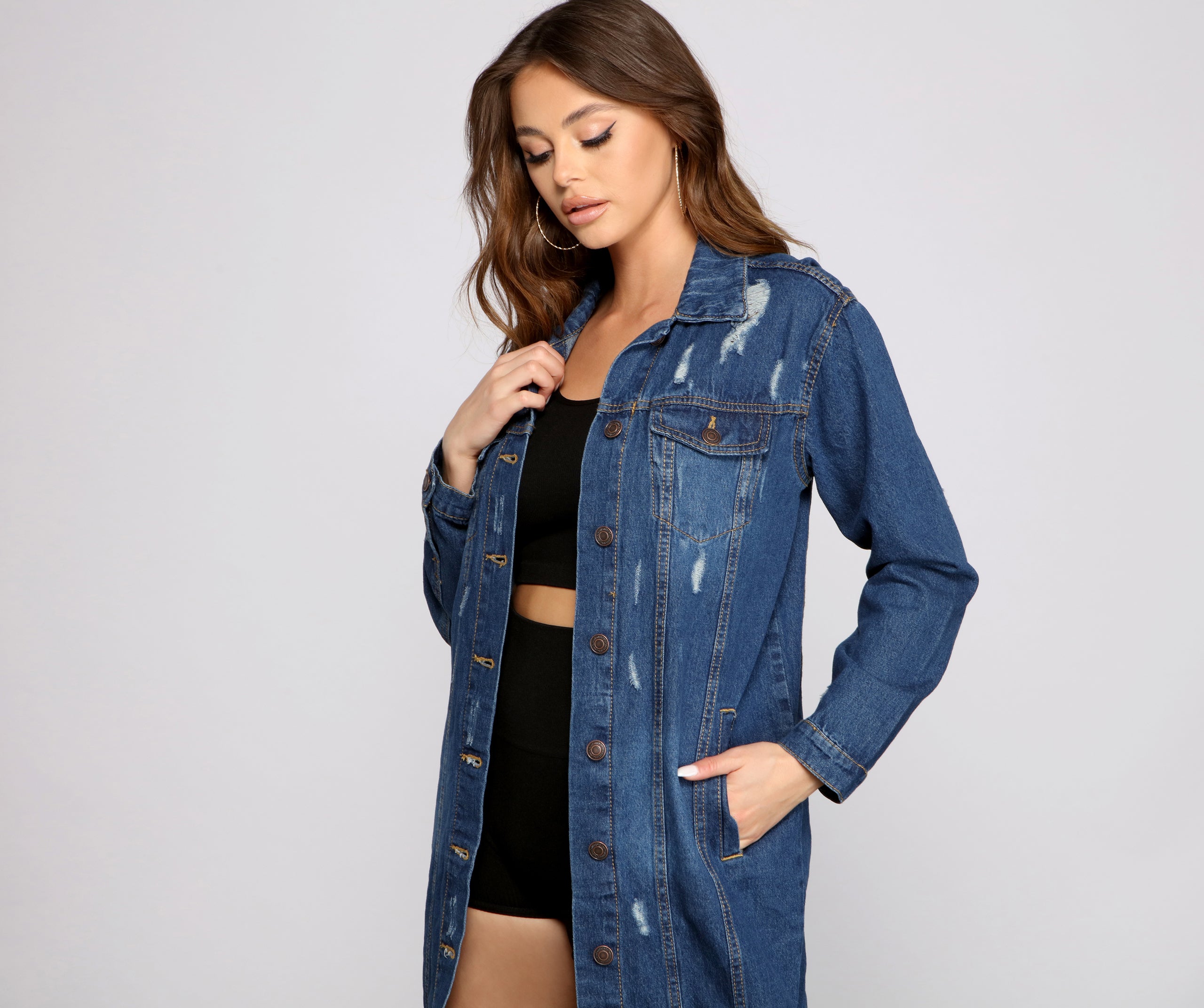 Level Up Destructed Long Line Denim Jacket - Image 4