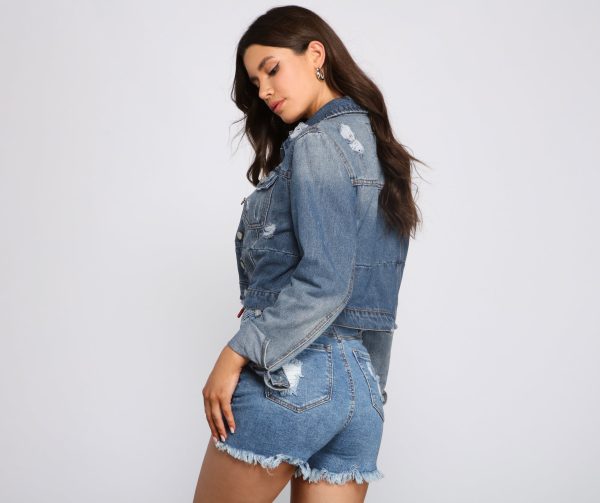 Classic Destructed Cropped Denim Jacket - Image 2