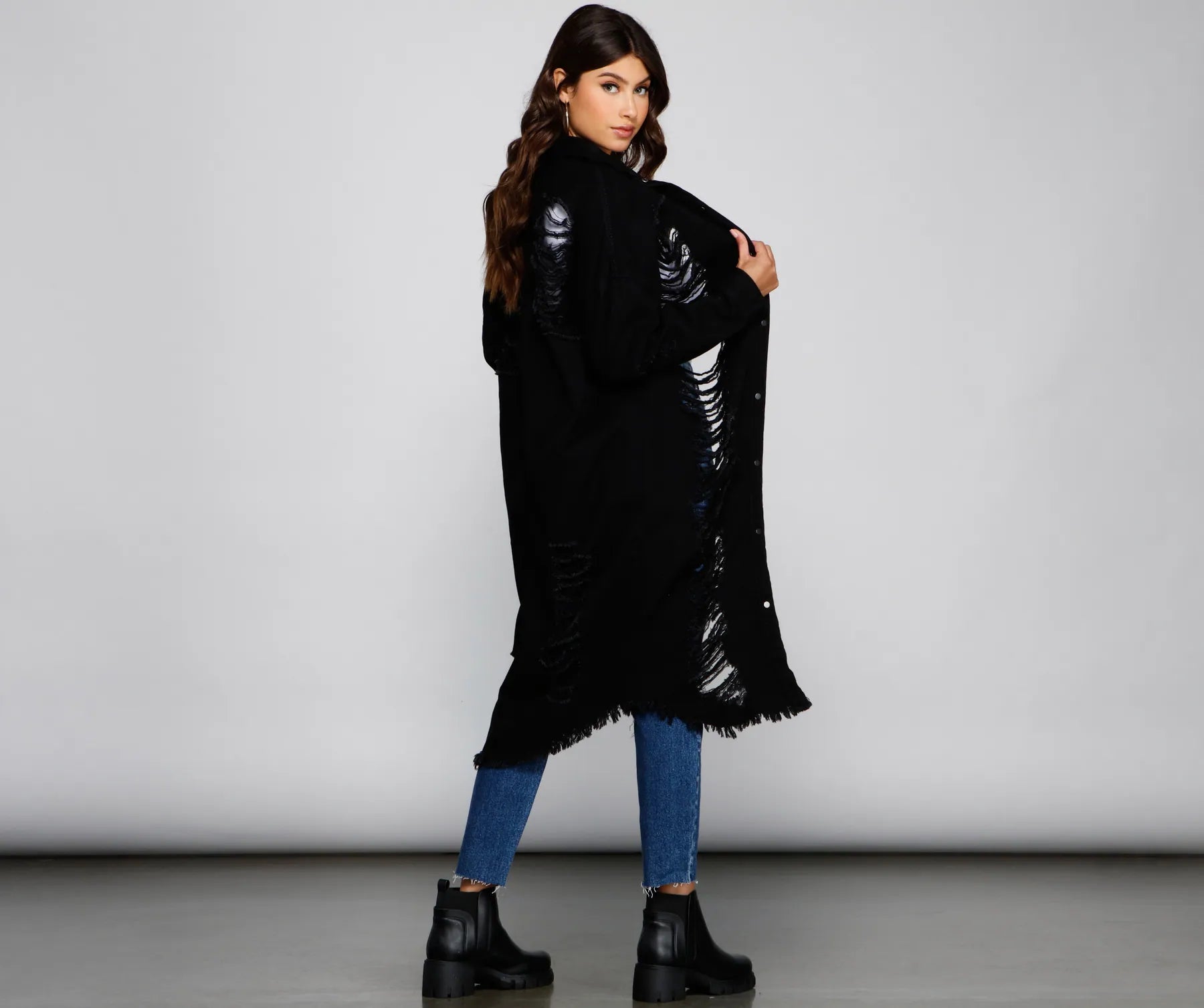 Distressed Deets Longline Denim Jacket - Image 2