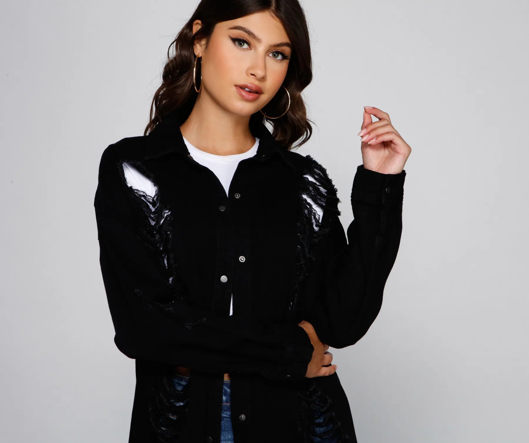 Distressed Deets Longline Denim Jacket - Image 3