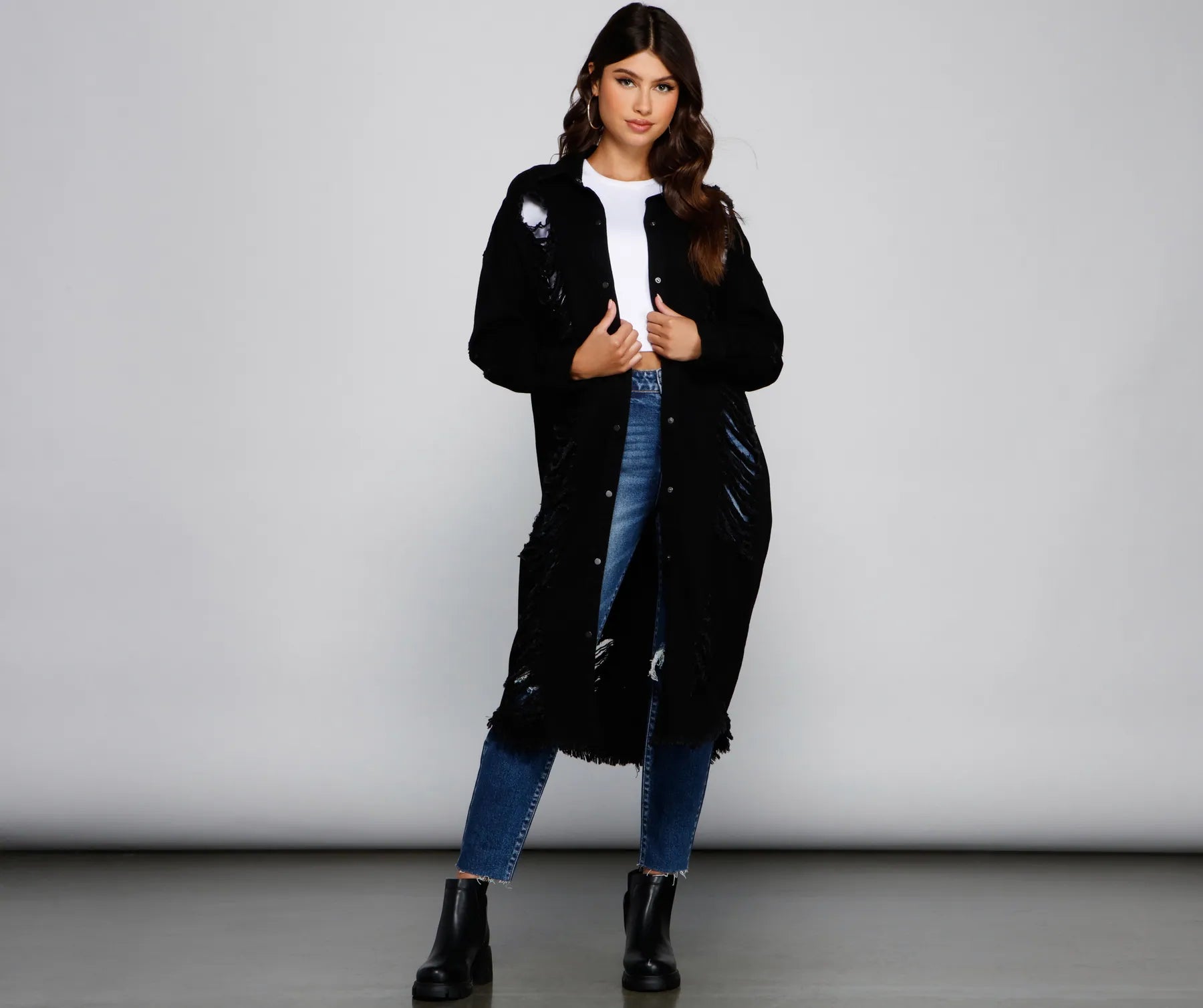 Distressed Deets Longline Denim Jacket - Image 4