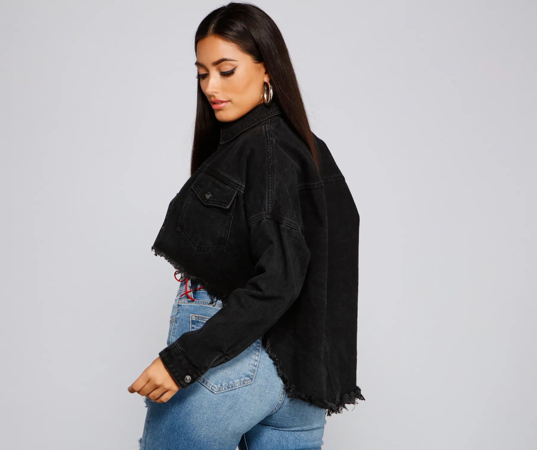 Casually Edgy High Low Cropped Denim Jacket - Image 2