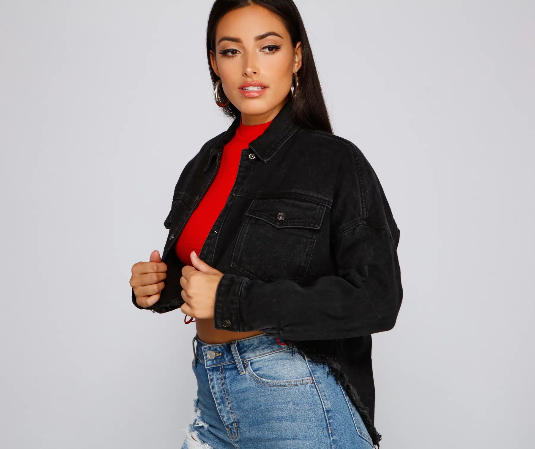 Casually Edgy High Low Cropped Denim Jacket - Image 3