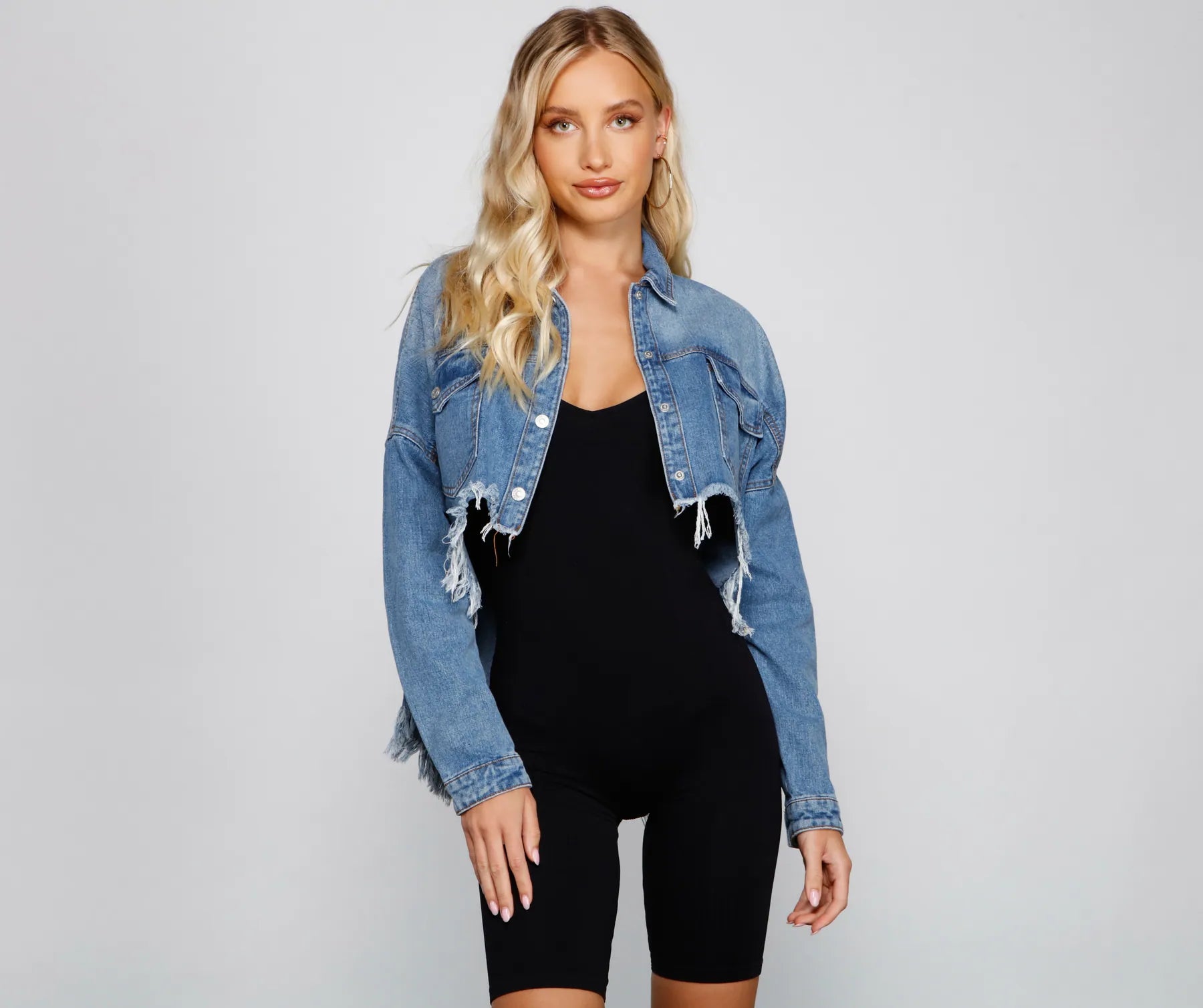Casually Edgy High Low Cropped Denim Jacket - Image 5