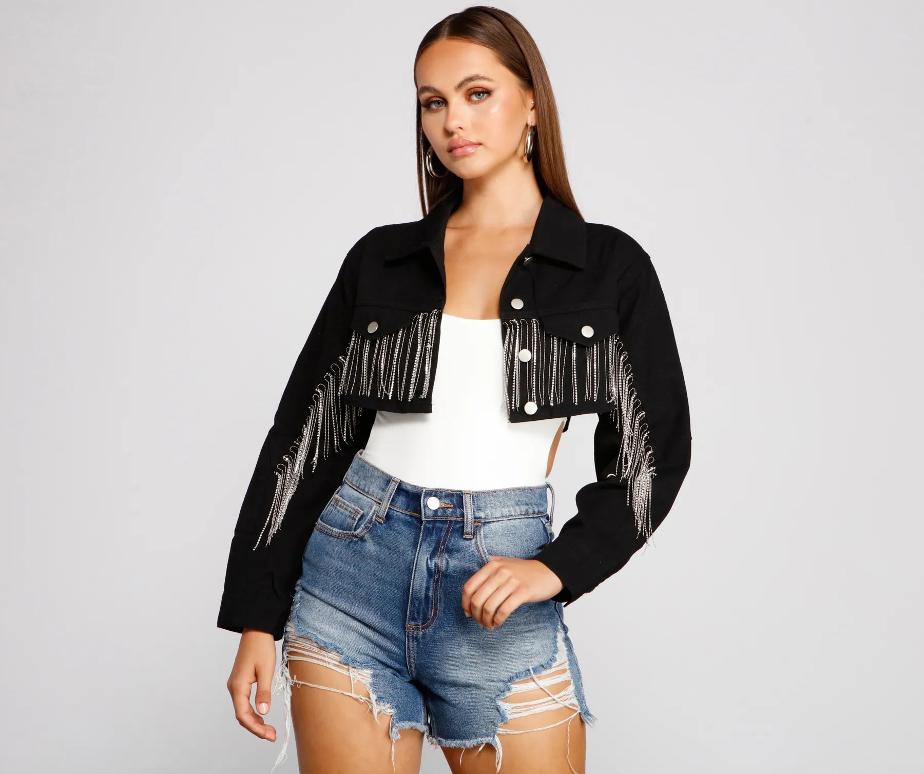 Trendy Glam Cropped Denim Jacket - Image 3