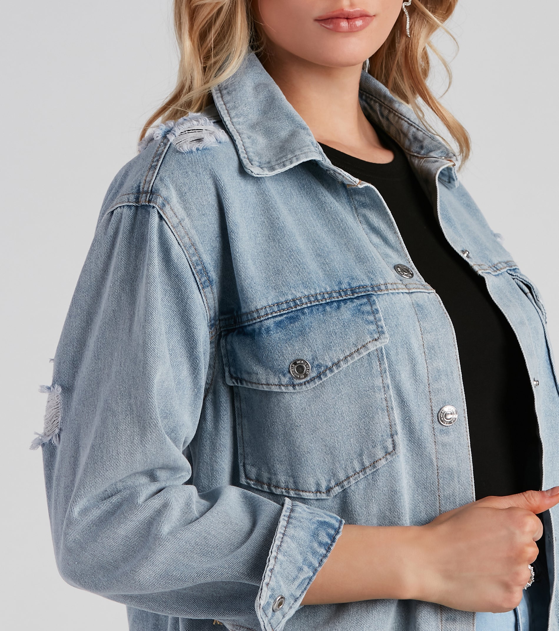 Never Gets Old Denim Distressed Shacket - Image 4