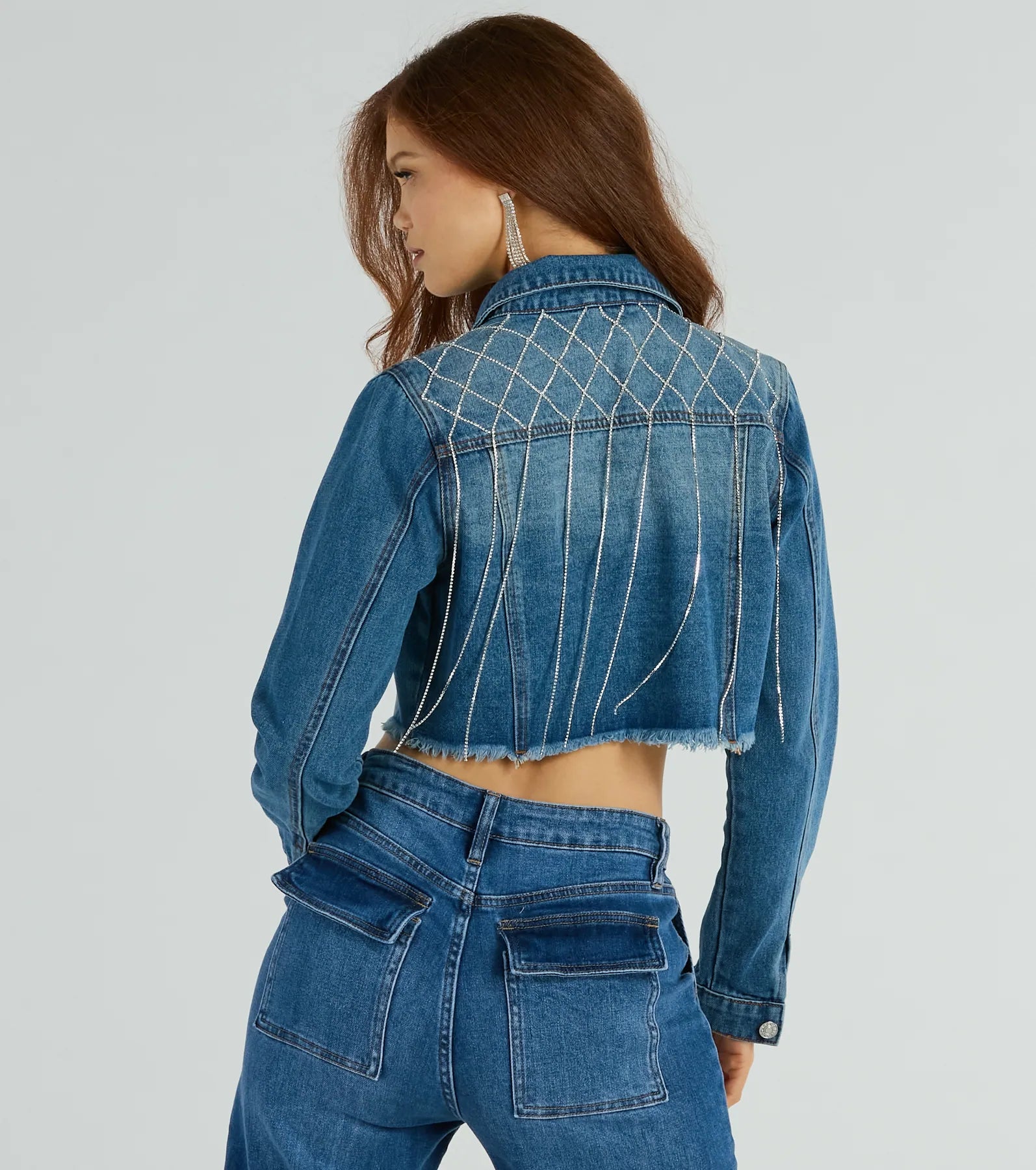 Trendy Glam Rhinestone Fringe Cropped Denim Jacket - Image 2
