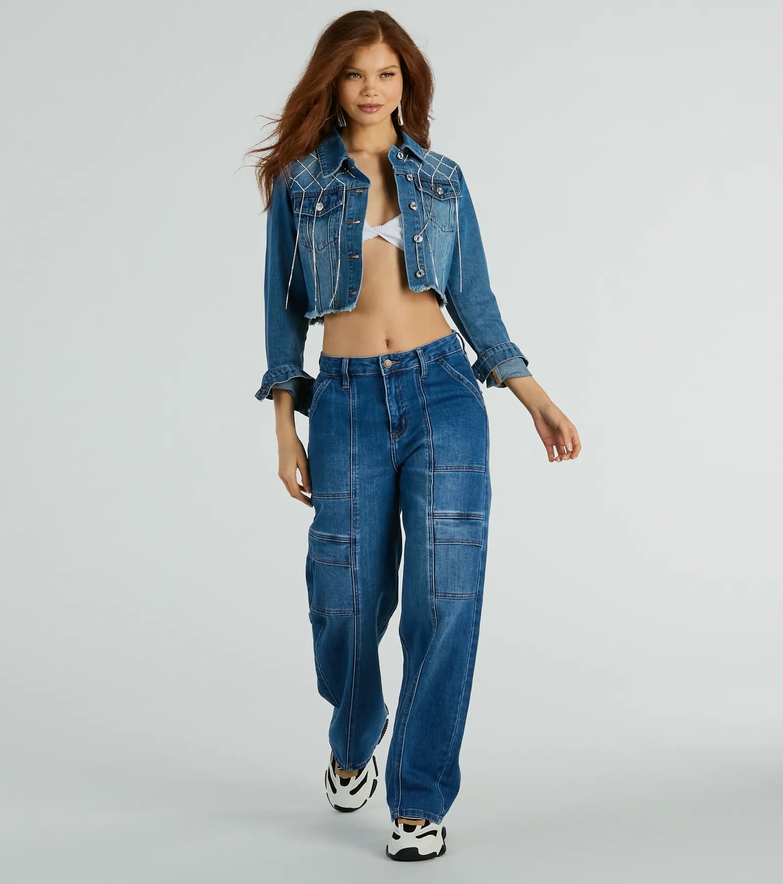 Trendy Glam Rhinestone Fringe Cropped Denim Jacket - Image 3