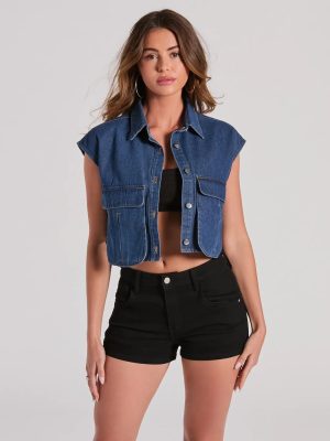 Edgy Mood Pocket Oversized Crop Denim Vest
