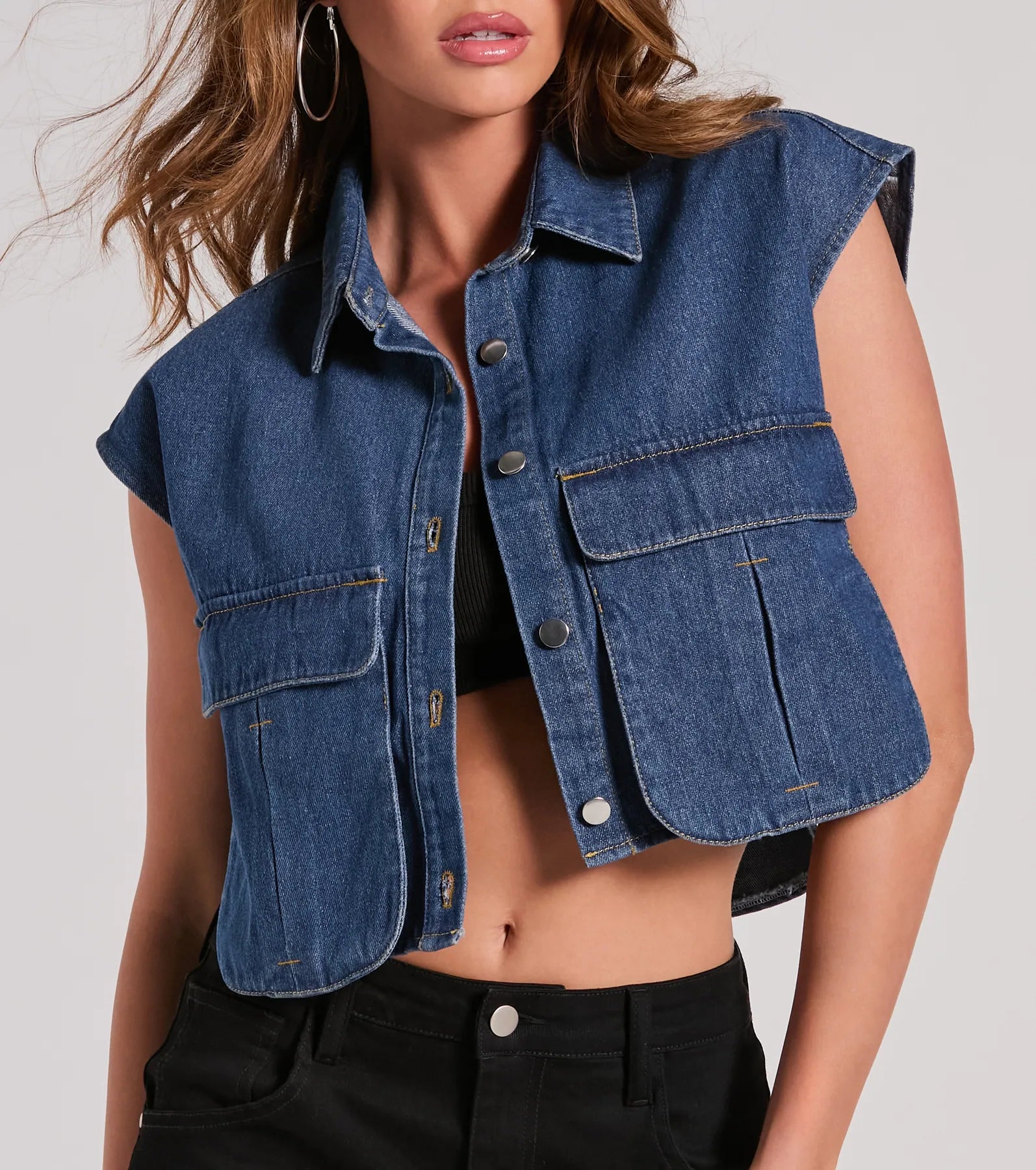 Edgy Mood Pocket Oversized Crop Denim Vest - Image 3