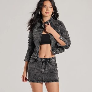 Edgy Arrival Moto Acid Wash Denim Jacket