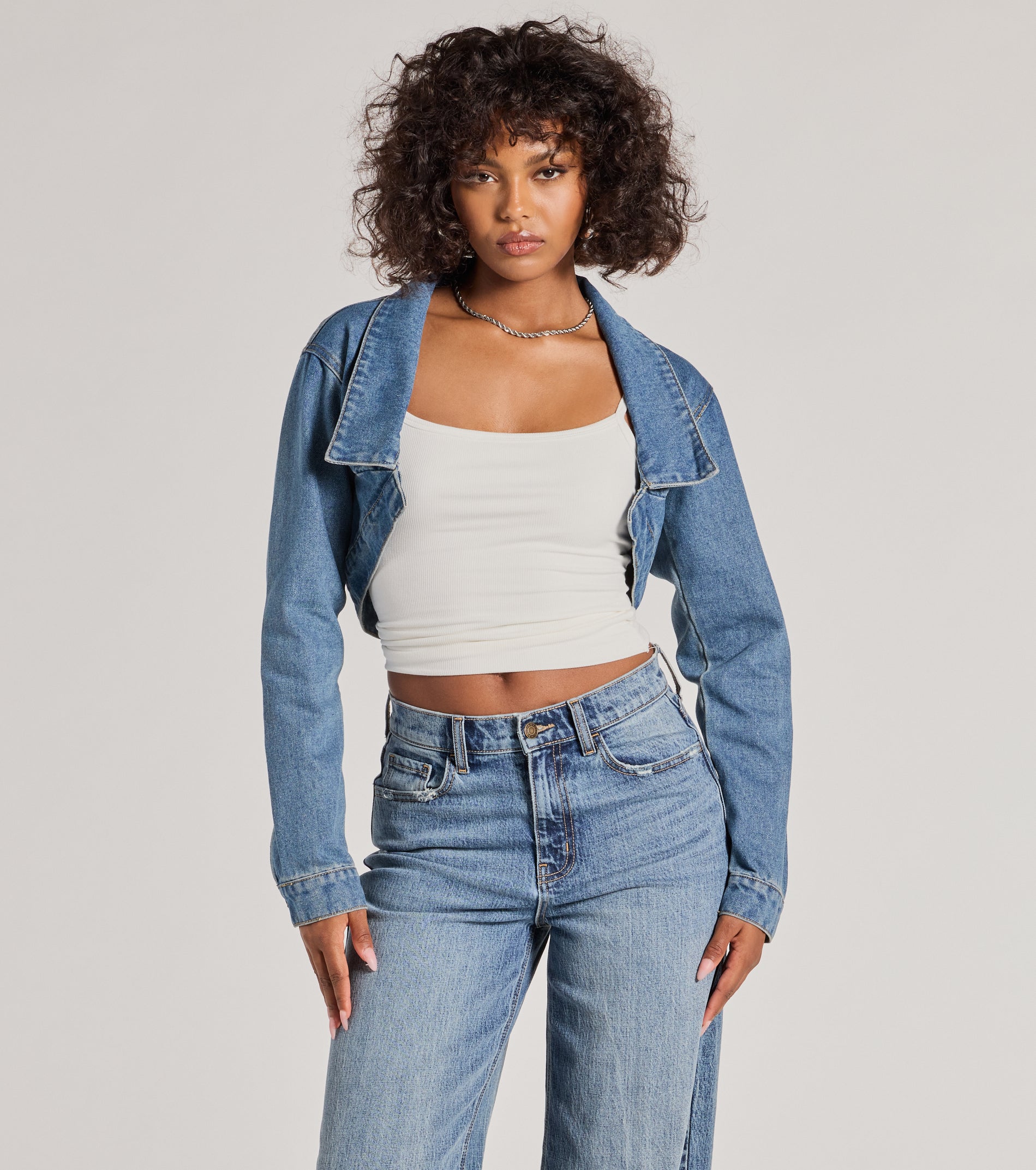 Trendsetting Girlie Long Sleeve Denim Shrug Jacket - Image 5