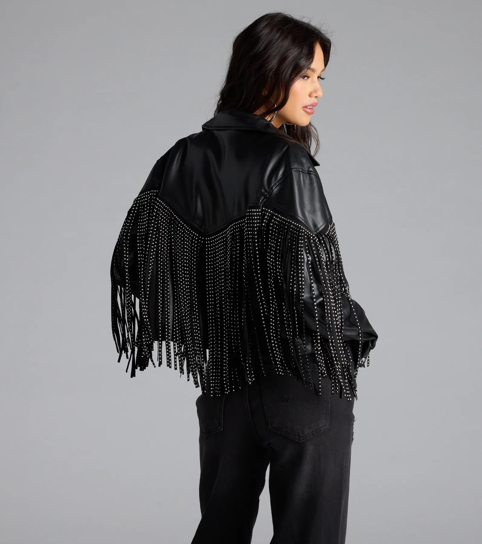 Cause A Scene Stud Fringe Faux Leather Shacket - Image 2