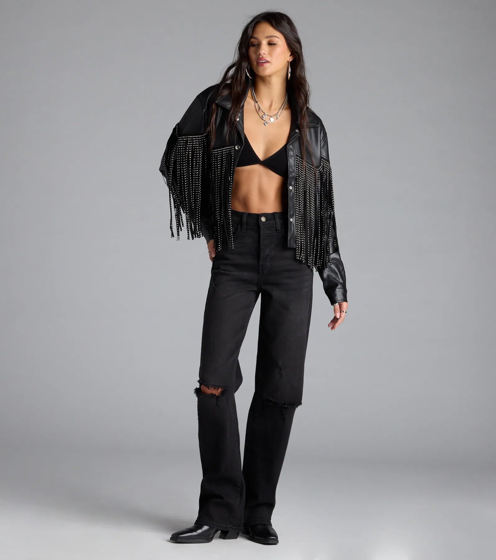 Cause A Scene Stud Fringe Faux Leather Shacket - Image 3