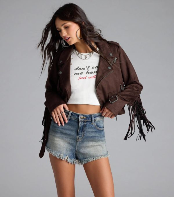 Stylish Out West Faux Suede Fringe Moto Jacket - Image 2