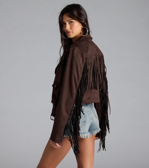 Stylish Out West Faux Suede Fringe Moto Jacket - Image 3