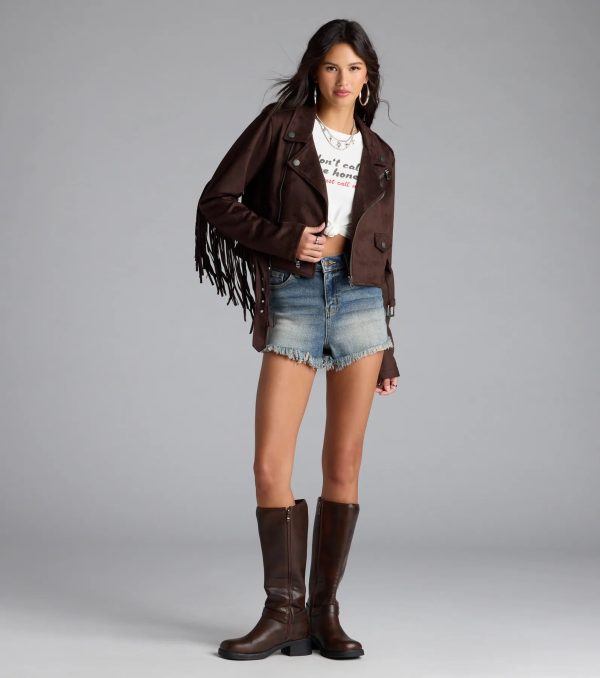 Stylish Out West Faux Suede Fringe Moto Jacket - Image 4