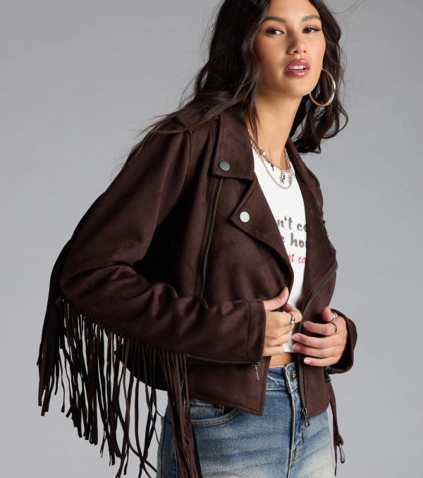 Stylish Out West Faux Suede Fringe Moto Jacket - Image 5