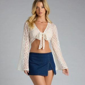 Sweetly Sheer Lace Tie Front Crop Top