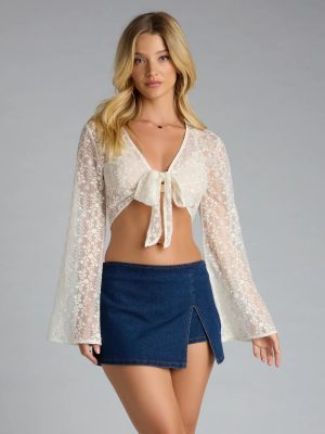 Sweetly Sheer Lace Tie Front Crop Top