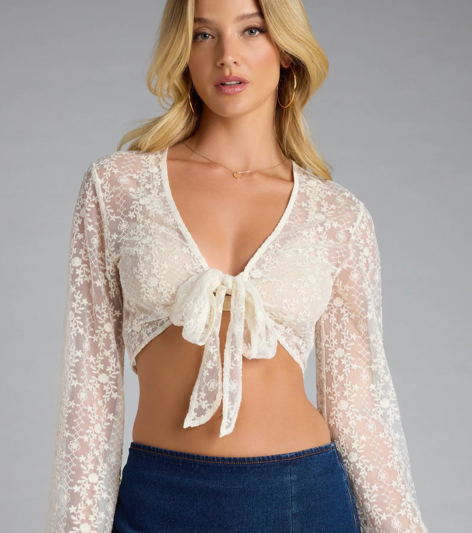 Sweetly Sheer Lace Tie Front Crop Top - Image 4