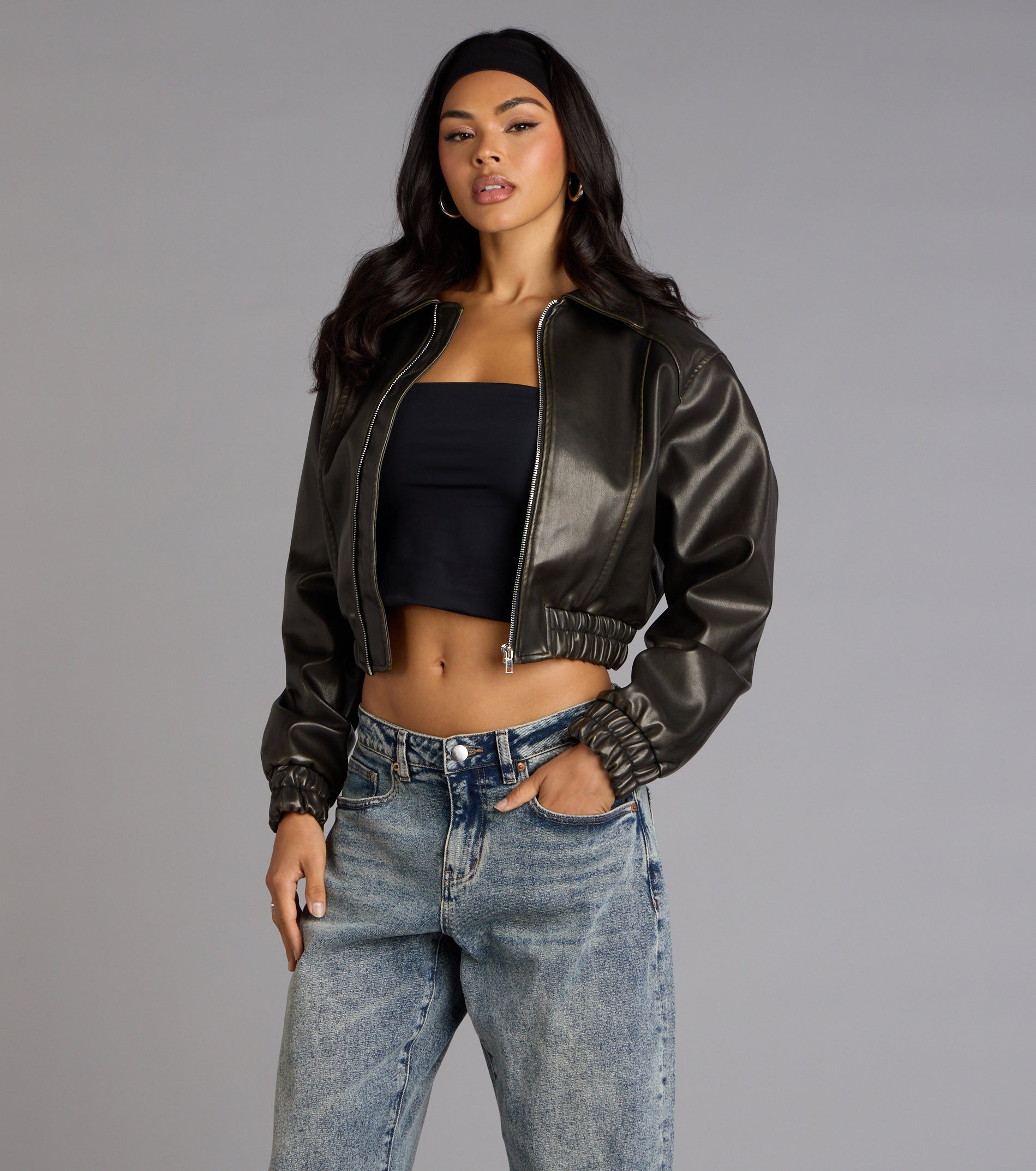 Cool Factor Faux Leather Bomber Jacket - Image 2
